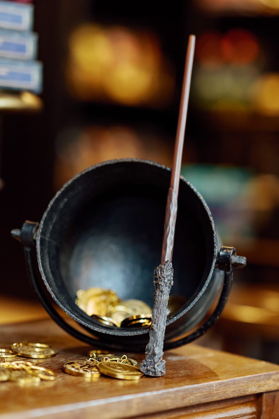Harry Potters Zauberstab Ein Zauberstab liegt neben einem schwarzen Kessel mit goldenen Münzen.